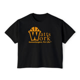 Stylish Women's Boxy Tee - 'WATTS WORK' Casual Graphic Top for Gamechangers (Black & Yellow)