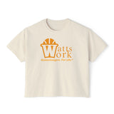 Stylish Women's Boxy Tee - 'WATTS WORK' Casual Graphic Top for Gamechangers (white & Yellow)