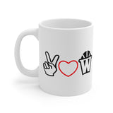 Peace, Love and Basketball White Ceramic Mug with Red Heart